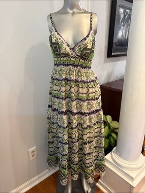 Green Printed Midi Dress with Smocked Waist